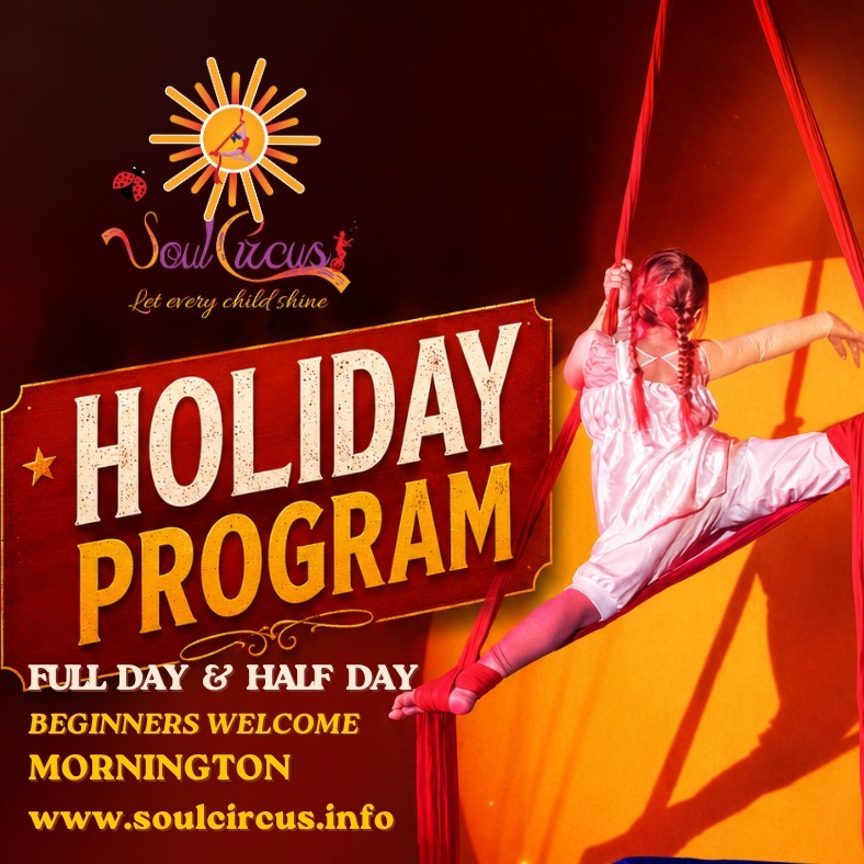 🎪 SOUL CIRCUS SCHOOL HOLIDAY PROGRAM! 🎪
Swing, spin, jump and have fun these holidays! Try trapeze, skills, mini tramp, pyramids, acro balance, games and more.

⭐️ Primary school aged kids
⭐️ Beginners welcome 
⭐️ Half & full-day sessions
⭐️ Full days included arts & crafts

BOOK NOW - LIMITED PLACES! 🤸🏻‍♀️✨
https://soulcircus.info/