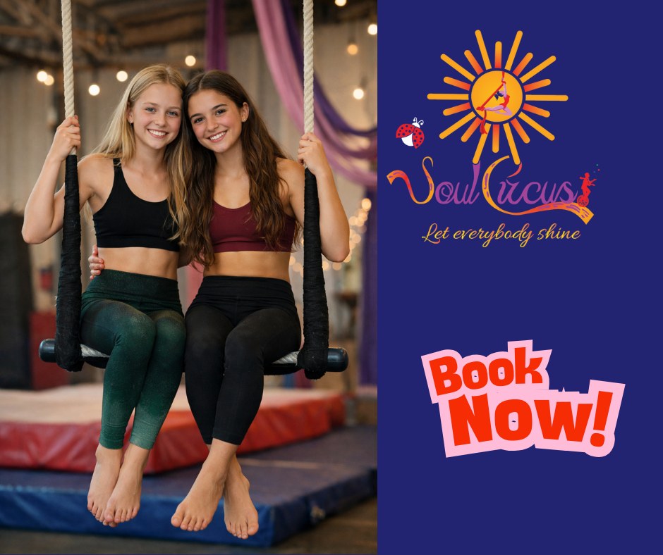 Taking bookings now
Let’s keep tweens and teens busy.
They have done it all!!
What’s next for the phone-scrolling kid?
Try @soulcircusaerial 
Exciting, challenging and creative movement in the air.
No previous experience needed.
Build strength, confidence and friendships.
Now accepting new enrolments.
Let Everybody Shine

https://soulcircus.info/