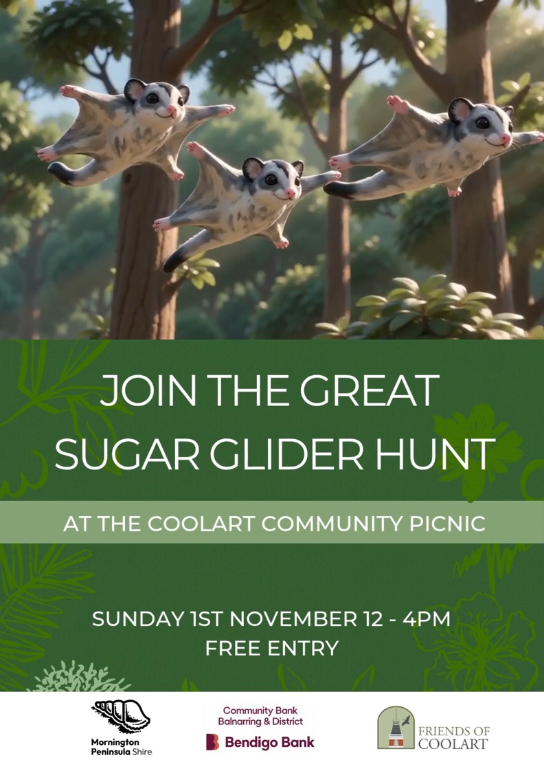 Join the Great Sugar Glider Hunt

There are some new little faces hiding around Coolart!

This year’s Coolart Community Picnic introduces The Great Sugar Glider Hunt — a brand-new adventure for kids to explore the beautiful grounds of Coolart and see if they can find the sugar gliders hiding along the way.

There’ll be plenty more for families too, with puppet shows, Stardust Fairies, face painting, bug dipping, kids’ craft, storytelling Katie Koala and Miss Piggy — plus live music, food vans and lots of room to throw down a picnic rug.

📅 Sunday 1 November | 12–4pm�
📍 Coolart Homestead & Wetlands, Somers�
🎟️ FREE ENTRY

Bring a rug, bring the family and make an afternoon of it.

https://www.mornpen.vic.gov.au/Things-to-do/Events/Whats-on/Coolart-community-picnic-3