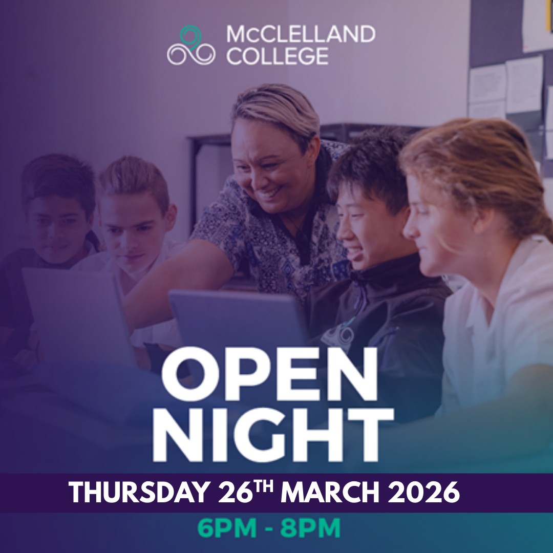 🔬Help your child discover what’s possible at McClelland College.
Join us for our 2026 Open Night – Thursday 26 March, 6–8pm.
Explore our learning programs, meet our teachers and students, and see our college in action.

👉Visit our website to register your place - https://mcclellandcollege.vic.edu.au/