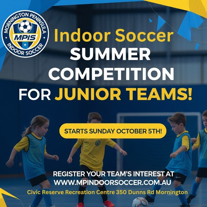 Mornington Peninsula Indoor Soccer

Come play futsal at the Civic Centre in Mornington. MPIS strives to provide an environment for kids to feel safe, enjoy the game whatever their level, and make new friends.

Register your team's interest here:
https://www.mpindoorsoccer.com.au/

#mornpen #soccer #indoorsoccer #mornpenindoorsoccer #mpis
