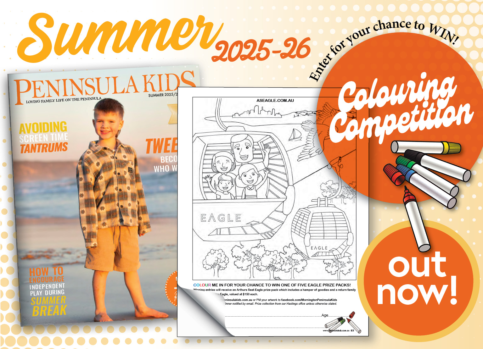 CLICK TO DOWNLOAD & COLOUR IN FOR YOUR CHANCE TO WIN!

Winning entries will receive one of FIVE Arthurs Seat Eagle prize packs which includes a hamper of goodies and a return family pass to ride on the Eagle, valued at $150 each. 

Download from link in bio!

Email entries to info@peninsulakids.com.au or PM your artwork to facebook.com/MorningtonPeninsulaKids.

Prize drawn on 14/02/2026. Winner will be notified by email.
Prize must be collected from Peninsula Kids offices during office hours,
9am-5pm, located at 1/15 Wallis Drive, Hastings VIC 3915 unless stated otherwise.