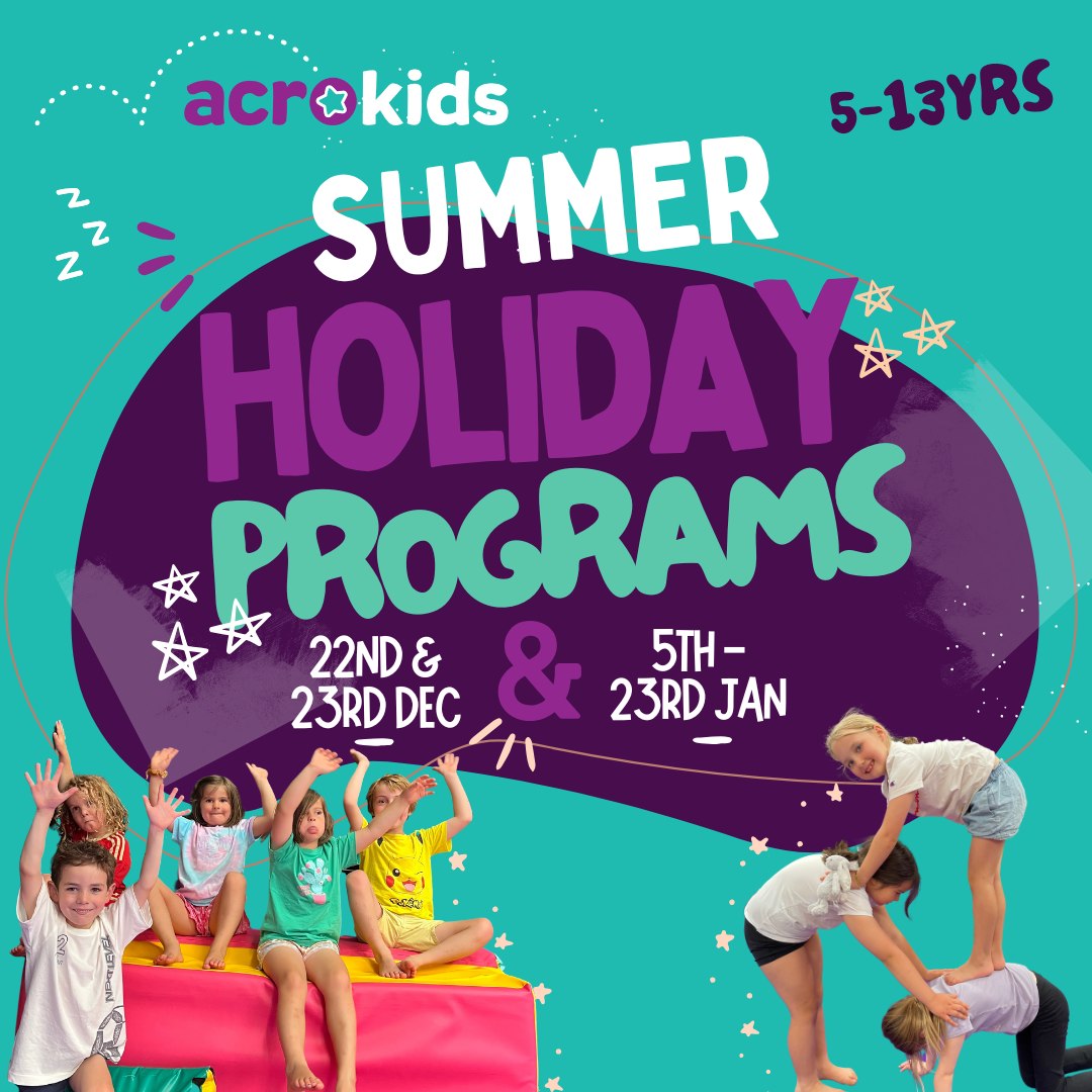 The countdown is on, school holidays are just around the corner and @acrokidsau  is the place to be! 22nd & 23rd December and 5th-23rd January in Mornington and Braeside. 

Reinvented full day programs designed for beginners to advanced skills, kids will learn cool acro and parkour tricks and make heaps of new friends. 

Don’t miss out on the fun (and some time to yourself) book now to avoid disappointment – https://www.acrokids.com.au/school-holiday-program/