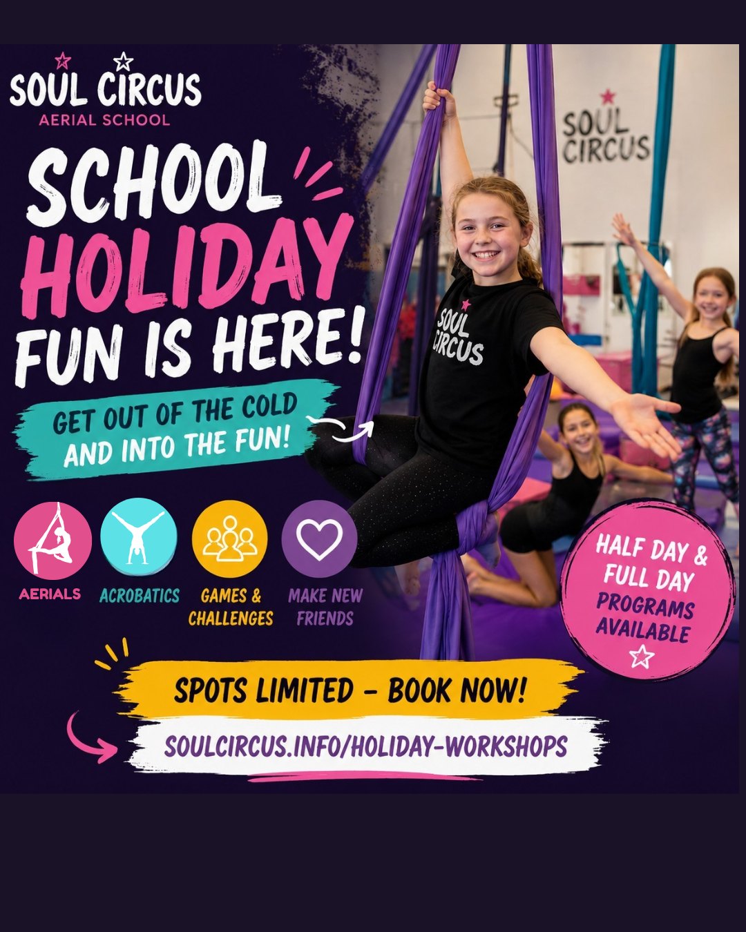 🎪 School Holiday Fun at Soul Circus! ❄️

Get out of the cold and into the air these holidays with aerials, acrobatics, games, and circus fun. Build confidence, stay active, and make new friends in our exciting Half Day and Full Day programs.

✨ Beginners welcome�✨ Spots limited
Book now:� https://soulcircus.info/holiday-workshops